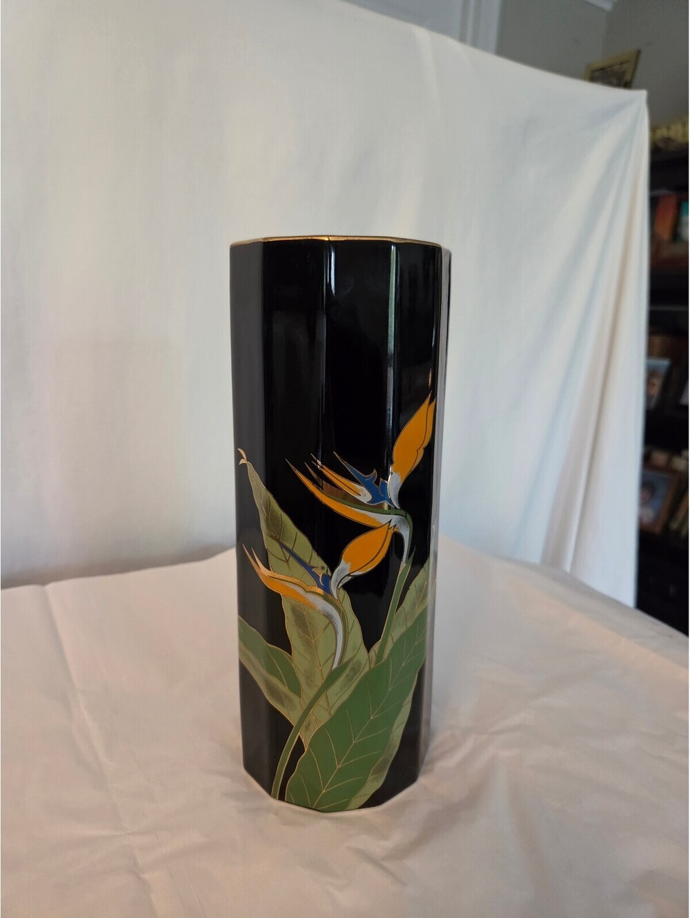 Vintage Black Floral Painted Octagonal Ceramic Table Vase